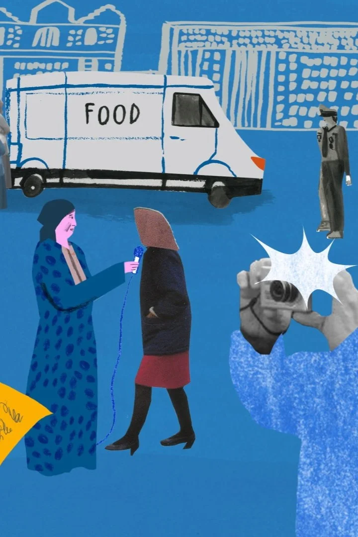 Illustrated collage of two people talking, a food truck and a surveillance camera.